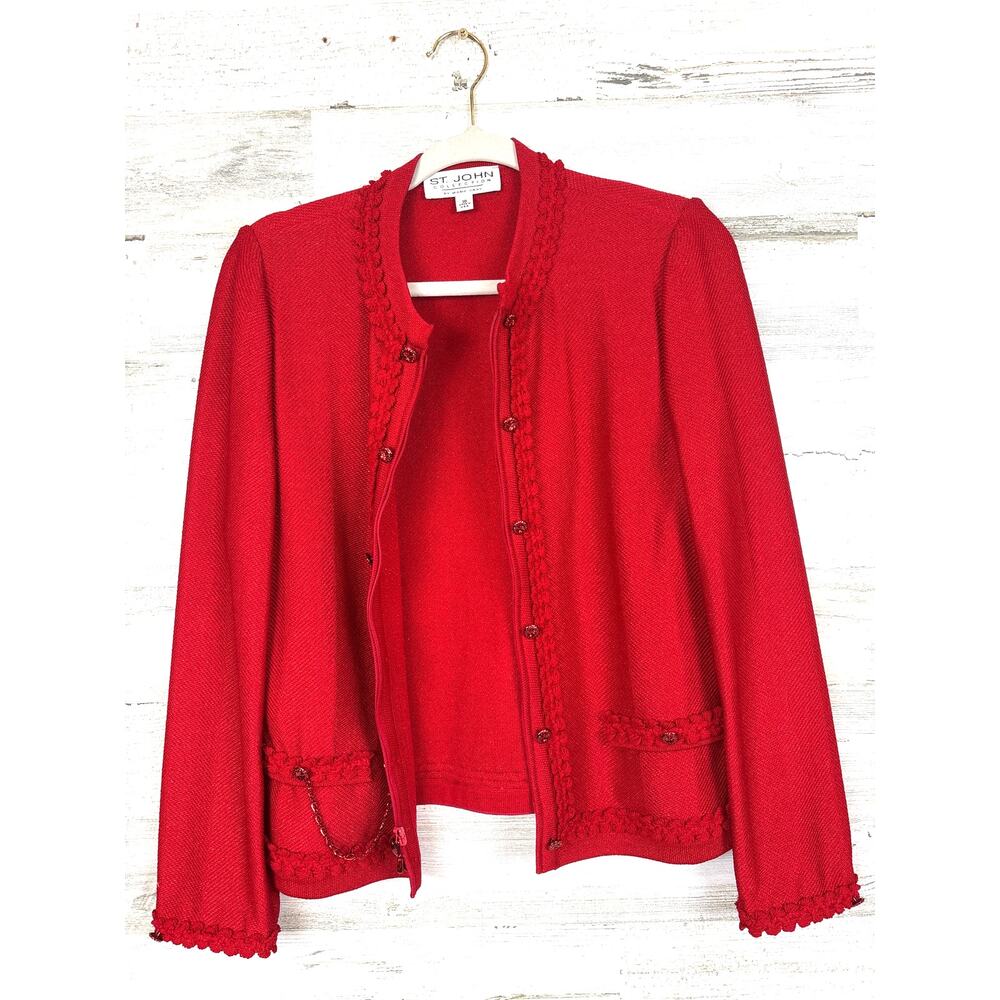 St. John Womens 10 Red Knit Wool Crochet Zip Front Designer Crochet Jacket NEW - Picture 5 of 9